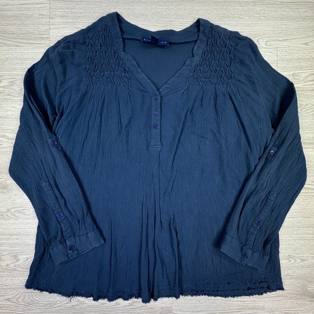 Bandolino Womens Blouse XXL Navy Blue‎ Cotton Gauze Smocked Roll Tab Sleeve Top